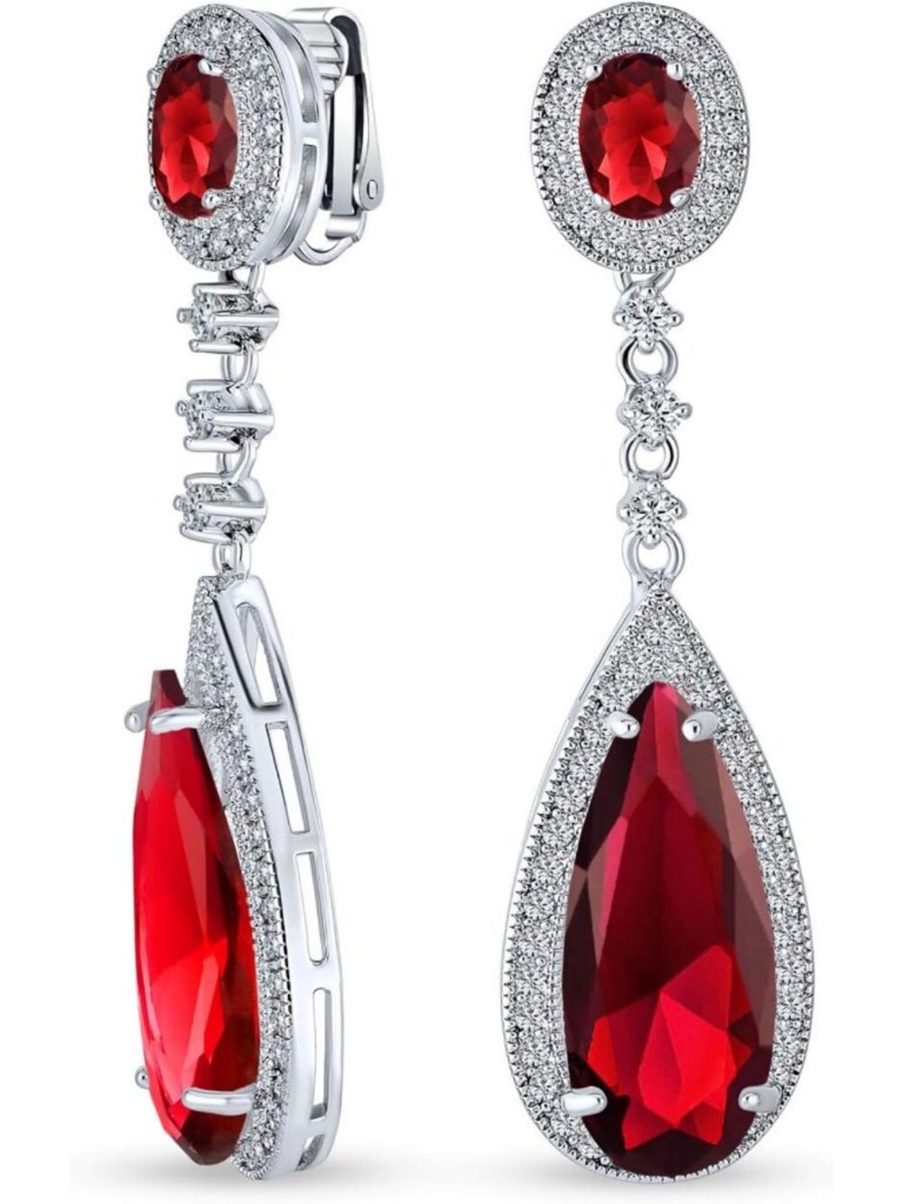 Elegant CZ Halo Teardrop Chandelier Clip-On Earrings in Silver Plated Finish